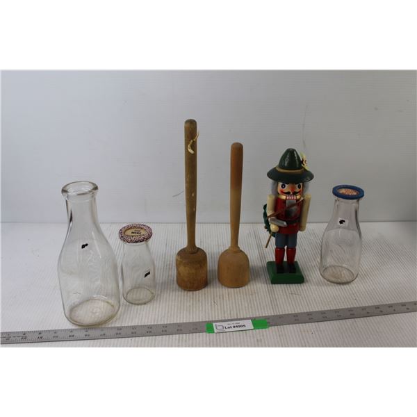 (3) Glass Milk Bottles, Nutcracker, (2) Wooden Kitchen Mashers