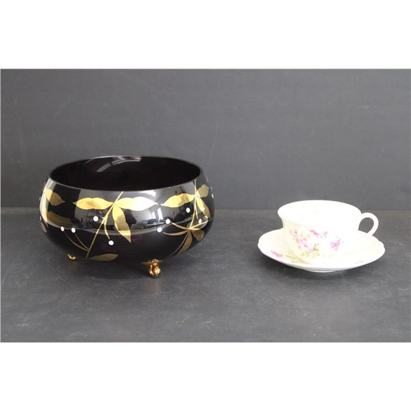 Shelley England Cup and Saucer, Purple Glass and Gold Centrepiece Bowl