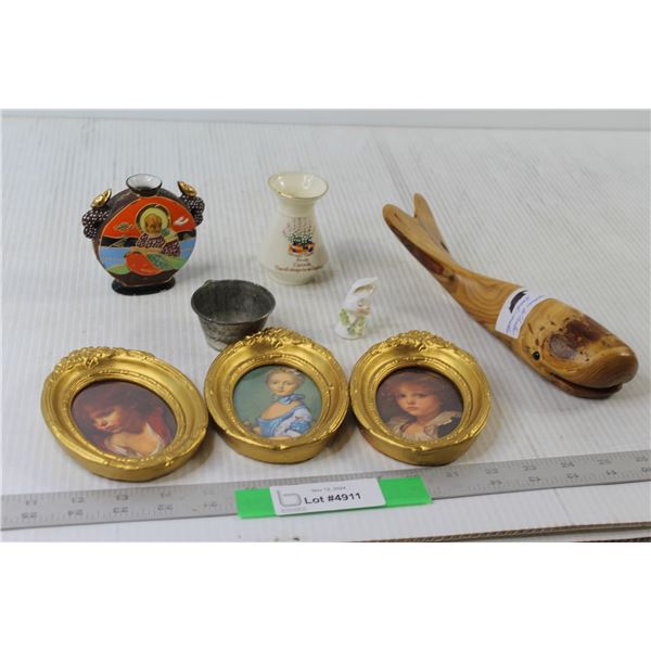 Handmade Wooden Sperm Whale, (3) Picture Frames, Measuring Cup, Royal Cauldron Small Vase, Flask