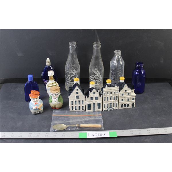 Salt and Pepper Shakers, (7) Cologne Bottles, Decorative Spoon, (4) Glass Bottles