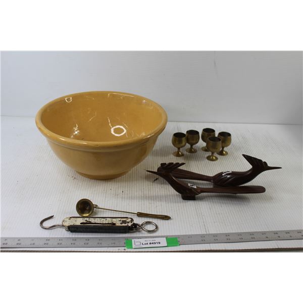 (2) Wooden Woodpeckers, (5) Small Brass Cups, Big Bowl, Hanging Weight Scale