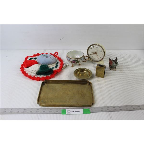 Brass Tray, Brass Ash Tray, teacup, Alarm Clock - As Is, Elephant Decoration, Pin Cushion