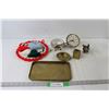 Image 1 : Brass Tray, Brass Ash Tray, teacup, Alarm Clock - As Is, Elephant Decoration, Pin Cushion