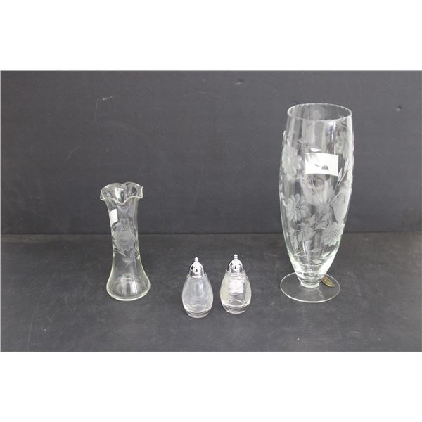 (2) Corn Flower Crystal Vases, Salt And Pepper Shakers