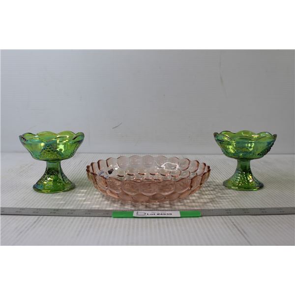 Pink Depression Glass Bowl, (2) Green Carnival Glass Candle Holders