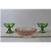 Image 1 : Pink Depression Glass Bowl, (2) Green Carnival Glass Candle Holders