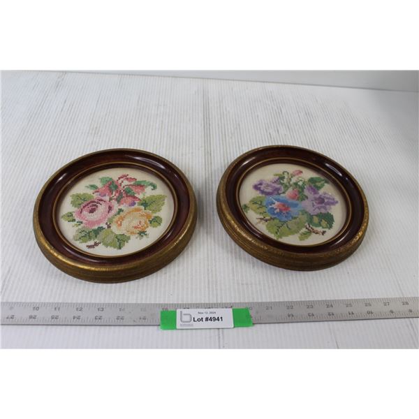 (2) Embroidered Floral Art Framed - 9"