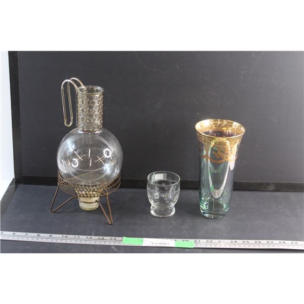 Coffee Pot, Glass and Green/Brass Glass Vase