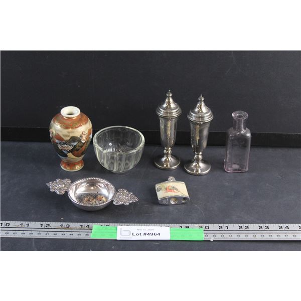 Miniature Vase, Silver Salt & Pepper Shakers, Miniature Glass Bottle and a Lighter