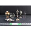 Image 1 : Miniature Vase, Silver Salt & Pepper Shakers, Miniature Glass Bottle and a Lighter