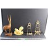 Image 1 : Wooden Deer Figure, Rocking Pony and a (2) Brass Plate Stands