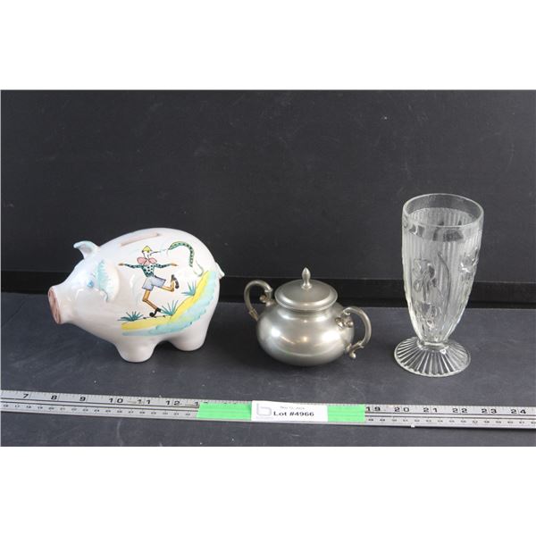 Ceramic Piggy Bank, Iris and Herringbone Vase and a Metal Sugar Bowl with Lid