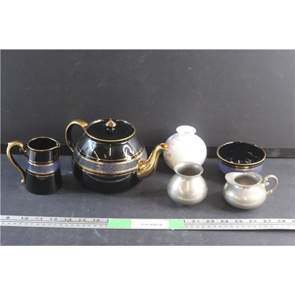 Black Ceramic Tea Pot and Cream & Sugar Set, Vase and Metal Cream & Sugar Set