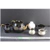 Image 1 : Black Ceramic Tea Pot and Cream & Sugar Set, Vase and Metal Cream & Sugar Set