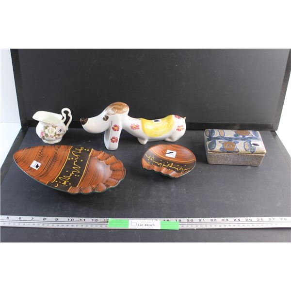Ceramic Dog Piggy Bank, Creamer, Jewelry Box and Serving Trays