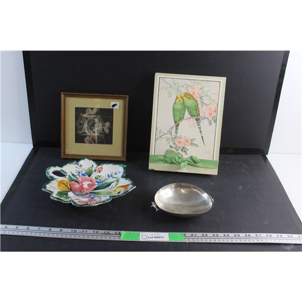 Framed Modern Art Print, Serving Floral Ceramic Tray, Pewter Dish and Parrots Gift Box