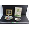Image 1 : Framed Modern Art Print, Serving Floral Ceramic Tray, Pewter Dish and Parrots Gift Box