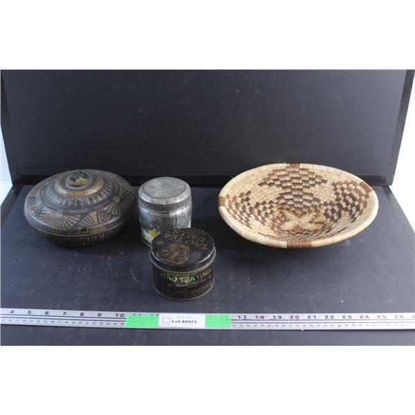 (3) Vintage Storage Tins - Tao Tea Balls, Thornes & Cupid Chocolates and a Woven Bowl 11''