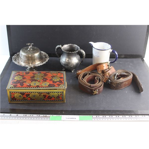 Butter Dish, Vase, (3) Leather Belts, Measuring Enamel Cup and a Jewelry Box
