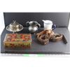 Image 1 : Butter Dish, Vase, (3) Leather Belts, Measuring Enamel Cup and a Jewelry Box