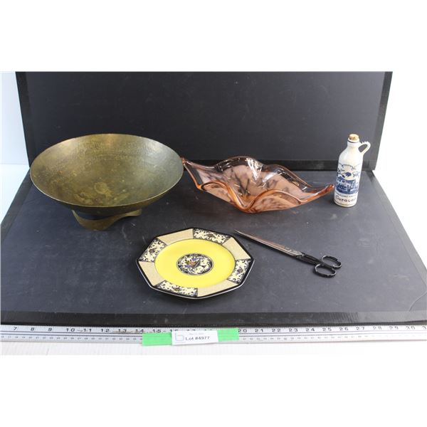 Brass Bowl, Wedgwood Ceramic Plate, Scissors, Depression Glass Dish and a Curacao Cocobolo Distiller