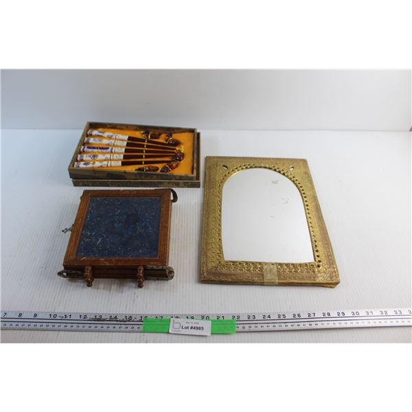 Brass Framed Mirror, Chopsticks Set and Folding Dresser Mirror