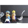 Image 11 : Ceramic Bell Liquor Decanter, Candy Dish, Talc Mit, Porcelain Figures, Cup, Salt Shaker and Misc.