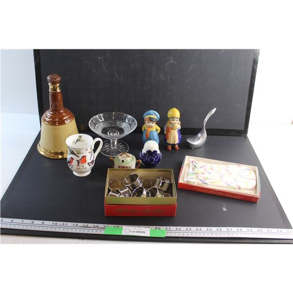 Ceramic Bell Liquor Decanter, Candy Dish, Talc Mit, Porcelain Figures, Cup, Salt Shaker and Misc.