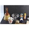 Image 5 : Ceramic Bell Liquor Decanter, Candy Dish, Talc Mit, Porcelain Figures, Cup, Salt Shaker and Misc.