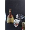 Image 9 : Ceramic Bell Liquor Decanter, Candy Dish, Talc Mit, Porcelain Figures, Cup, Salt Shaker and Misc.