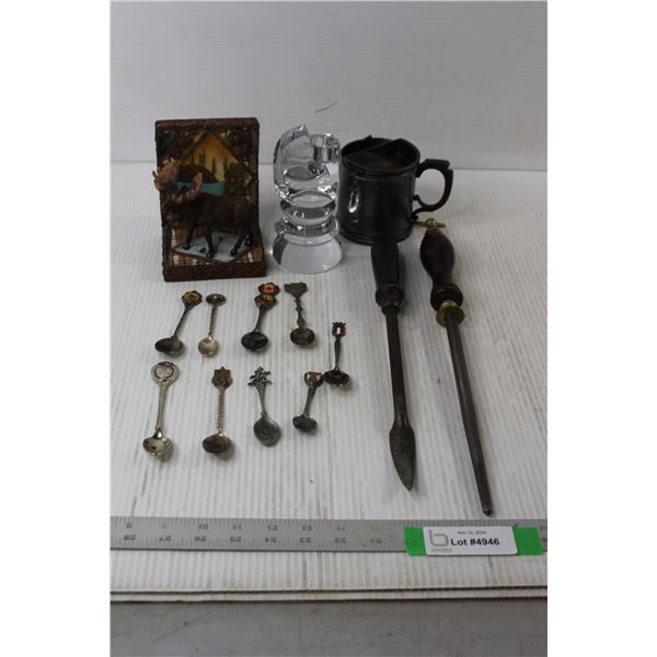 (9) Decorative Spoons, Moose Decoration, Knife Sharpener, Machine Scraper