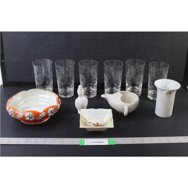 (6) Glasses, Bowl, Tray, Vase