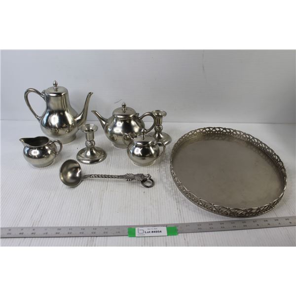 Pewter Coffee Pot, Tea Pot, (2) Candle Holders, Cream and Sugar, Spoon, Tray