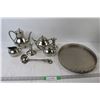 Image 1 : Pewter Coffee Pot, Tea Pot, (2) Candle Holders, Cream and Sugar, Spoon, Tray