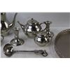 Image 3 : Pewter Coffee Pot, Tea Pot, (2) Candle Holders, Cream and Sugar, Spoon, Tray