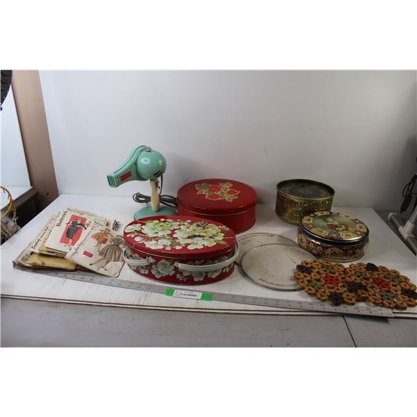 (4) Cookie Tins, (4) Placemats/Coasters, Blow Dryer - tested Powers On, Sewing Patterns
