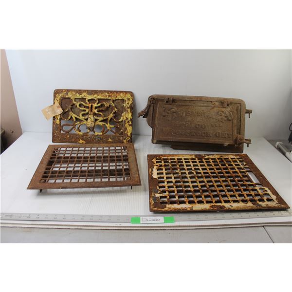 (3) Cast Iron Floor Registers, Stove Door - Damaged