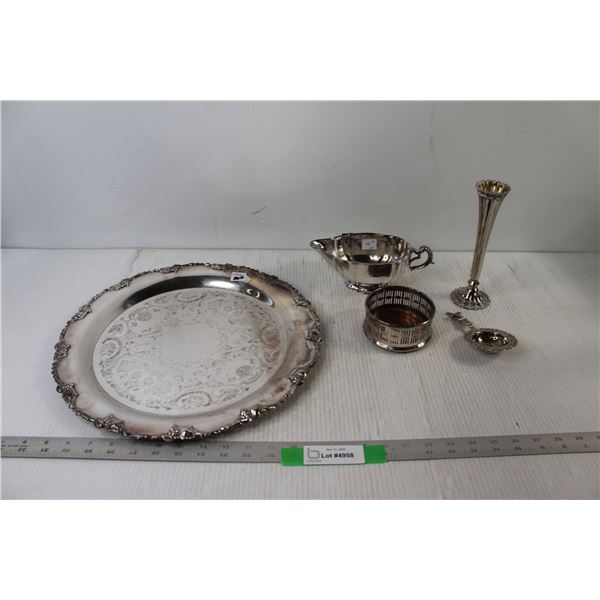 Silver Plated Tray, Candle Holder, Cream Pourer,