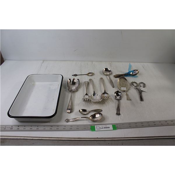 Enamel Tray, Assorted Silverware Cutlery