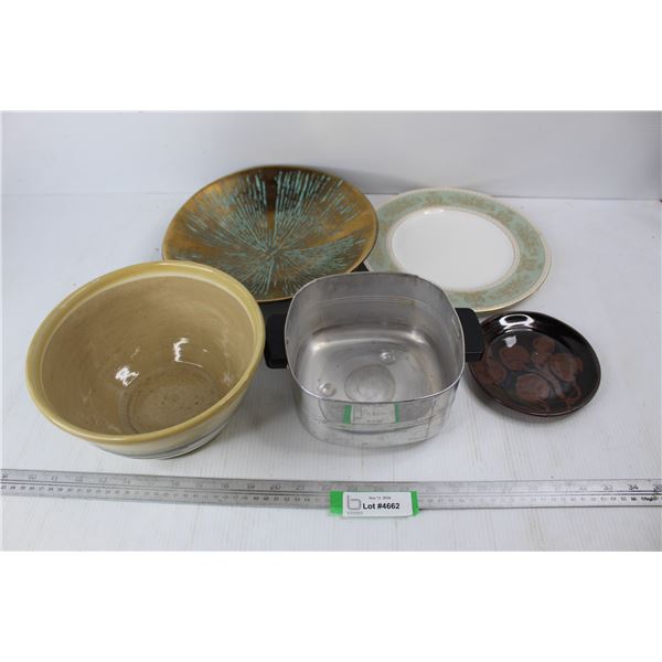 Small Aluminum Pot, (3) Various Plates, Misc.