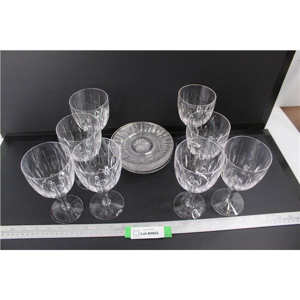 (8) Various Crystal Stuart Wine Glasses w/ (8) Plates
