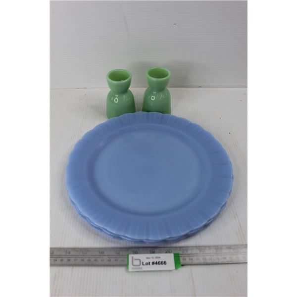 (2) Vintage Fire King Jadeite Egg Cups, (3) Vintage Pyrex Blue Delphite Plates