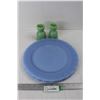 Image 1 : (2) Vintage Fire King Jadeite Egg Cups, (3) Vintage Pyrex Blue Delphite Plates