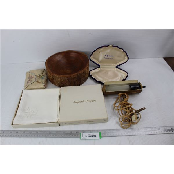 Carved Wood Bowl From Tree, Vintage Desk Light- As Is, Misc.