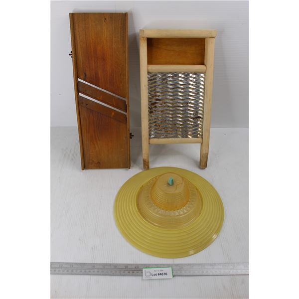 Small Washboard, Cabbage Shredder, Round Plastic Light Fixture- As is,