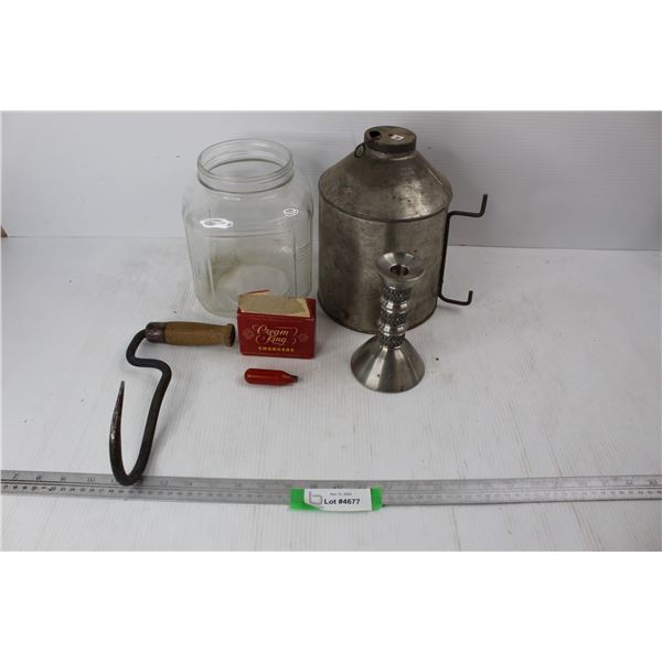 Large Vintage Nabob Jar, Cream King Chargers w/ Original Box, Misc.