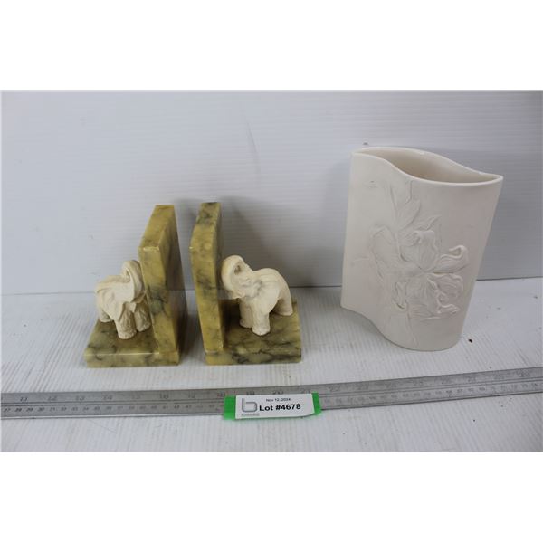 Pair Of Elephant Book Ends, Flowered Vase Japan