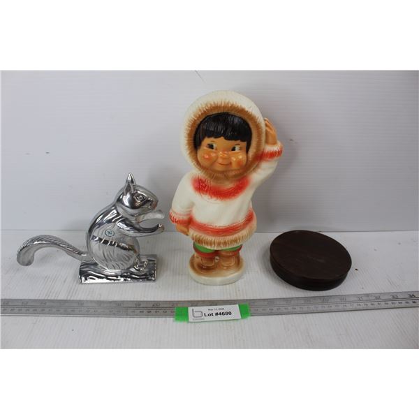 Inuit Plastic Piggy Bank, Metal Squirrel Nut Cracker, Misc.