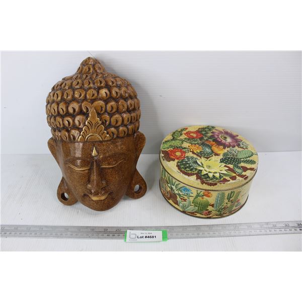 Wood Budda Head Wall Decor, Plant Floral Tin