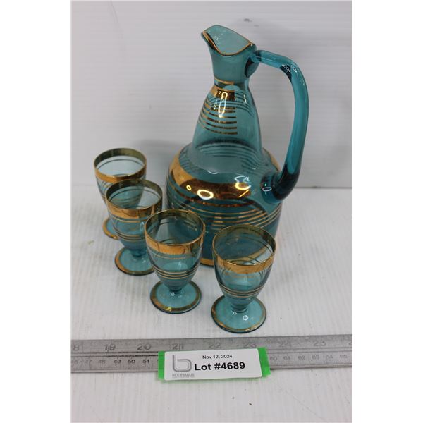 (4) Blue Glass Decanter with (4) Matching Glasses